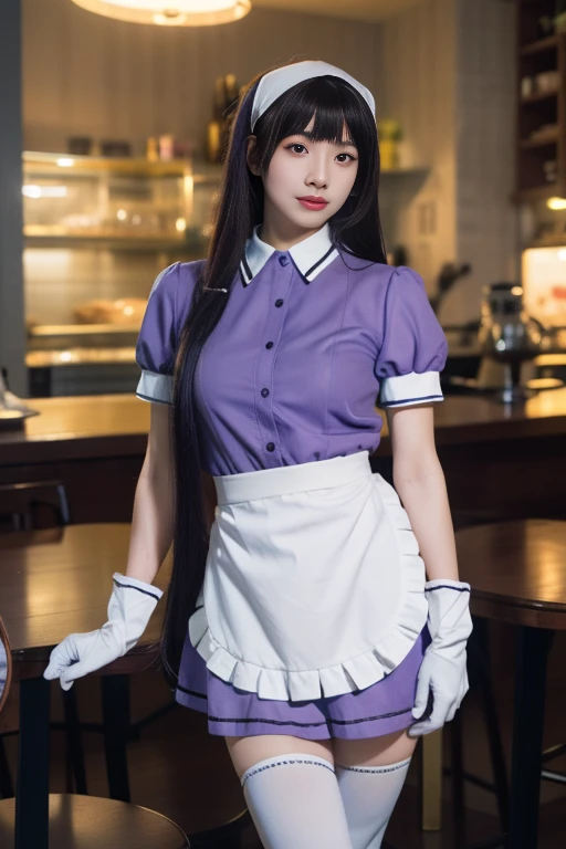 ltra-detailed,highly detailed,best quality,masterpiece,illustration,realistic,photorealistic,
sxkft, waitress, 1girl, solo, cosplay, 
very long hair, bangs, 
shirt, puffy short sleeves, white waist apron,purple dress, gloves,thighhighs, head scarf, 
looking at viewer, standing, 
photo background, indoors, cafe, 
<lora:sxkft_v1_06:0.7>