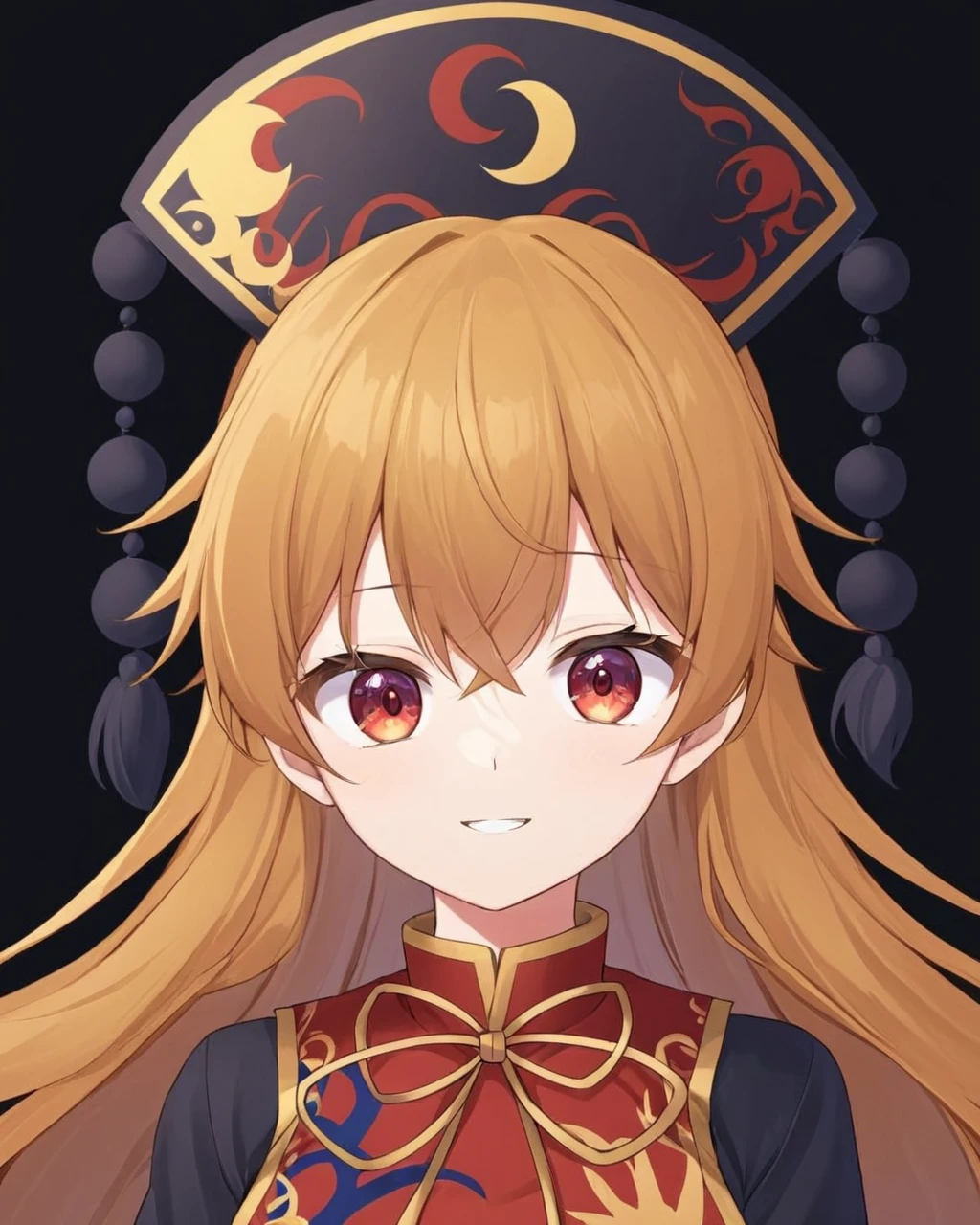 junko \(touhou\),1girl, solo, crescent, hat, tabard, chinese_clothes, looking_at_viewer, pom_pom_\(clothes\), black_headwear, phoenix_crown, yellow_bowtie, black_background, upper_body, medium_breasts, black_dress, long_sleeves, red_vest, teeth, simple_background, red_background, moon, closed_mouth
<lora:junko_(touhou)_image6079_2023-12-20-000007:1>,star-shaped_pupils,symbol-shaped_pupils,. gorgeous,key visual, vibrant, studio anime,award-winning, professional, highly detailed,high budget, cinemascope