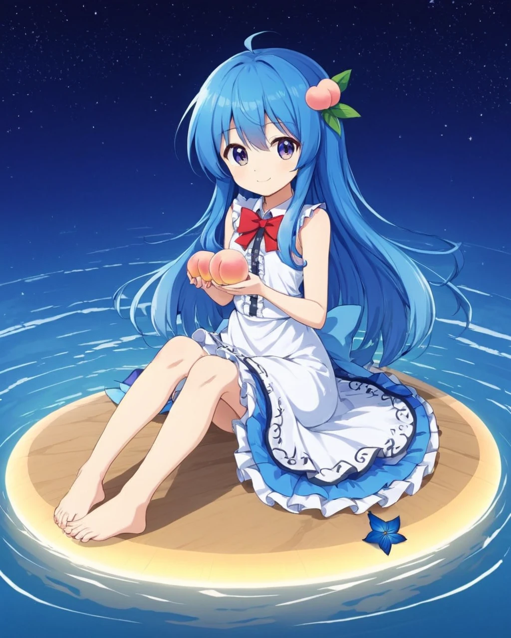 hinanawi tenshi,1girl, solo, red_bowtie, barefoot, white_dress, butterfly, closed_mouth, no_headwear, full_body, sleeveless_dress, holding_fruit, blue_flower, water, sitting, night_sky, alternate_costume, smile, ripples, hair_flower, peach, frilled_dress, adapted_costume, star_\(sky\), leaf
<lora:hinanawi_tenshi_image10043_2023-12-20:1>,star-shaped_pupils,symbol-shaped_pupils,. gorgeous,key visual, vibrant, studio anime,award-winning, professional, highly detailed,high budget, cinemascope