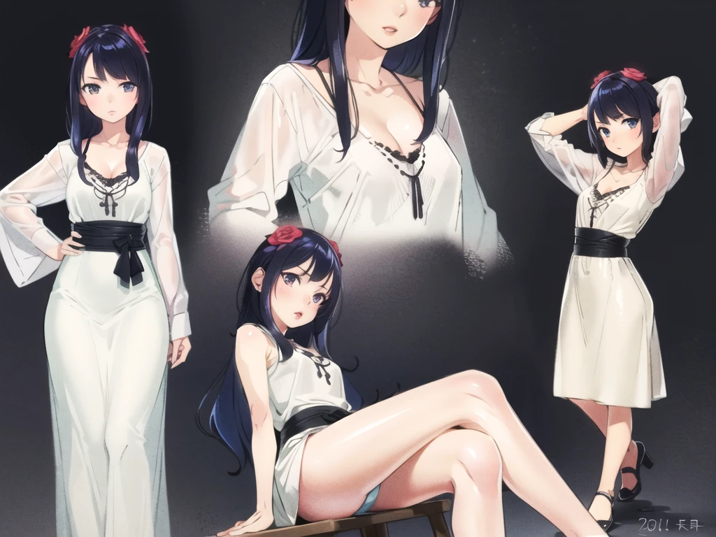 <lora:clear_anime_style_v1:0.9>multiple_views, SFW, girl, Glam Girl aesthetic, from side, looking at viewer, mature female, adult, small Breasts, Average body, Athletic, Excited, Wide eyes, arms behind head, crossed legs, Caftan, flower trim,
