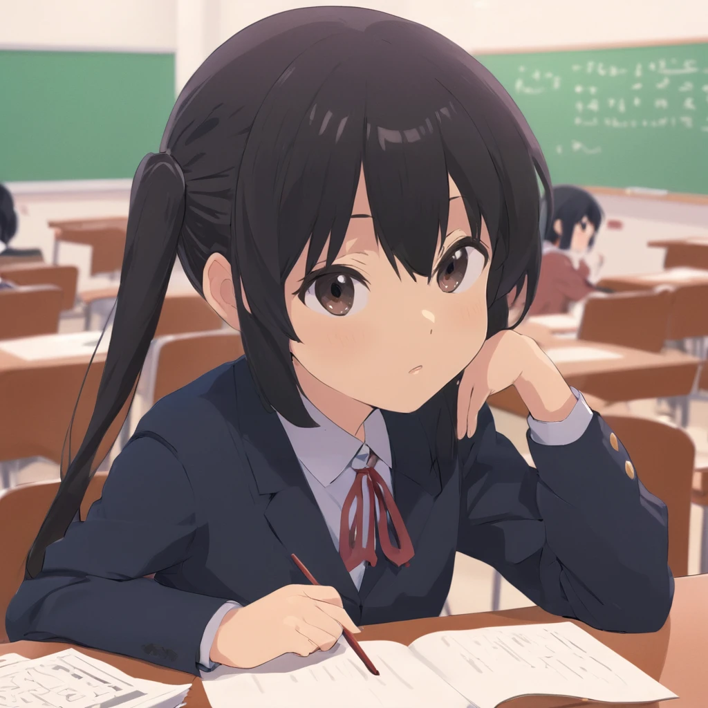 A masterpiece anime professional digital art of a girl named Nakano Azusa wondering sitting in school desk, closeup portrait, in style of Kyoto Animation, K-ON style <lora:azusa_xl-000012:1>