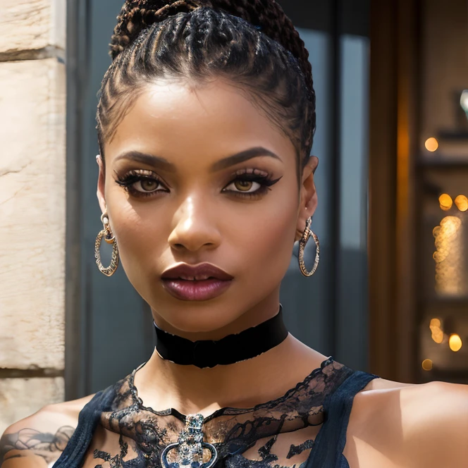 (masterpiece:1.2), (best quality,:1.2), 8k, HDR, ultra detailed, ((photorealistic)), professional light, cinematic lighting, fashion photography, ambient lighting, face lighting, Sarai, <lora:Sarai-10:1>, dynamic pose, earrings, dark makeup, choker, necklace, ((portrait shot)), <lora:detail_slider_v4:2>, OverallDetail, ffhanddetail, ffacedetail, skindetail,