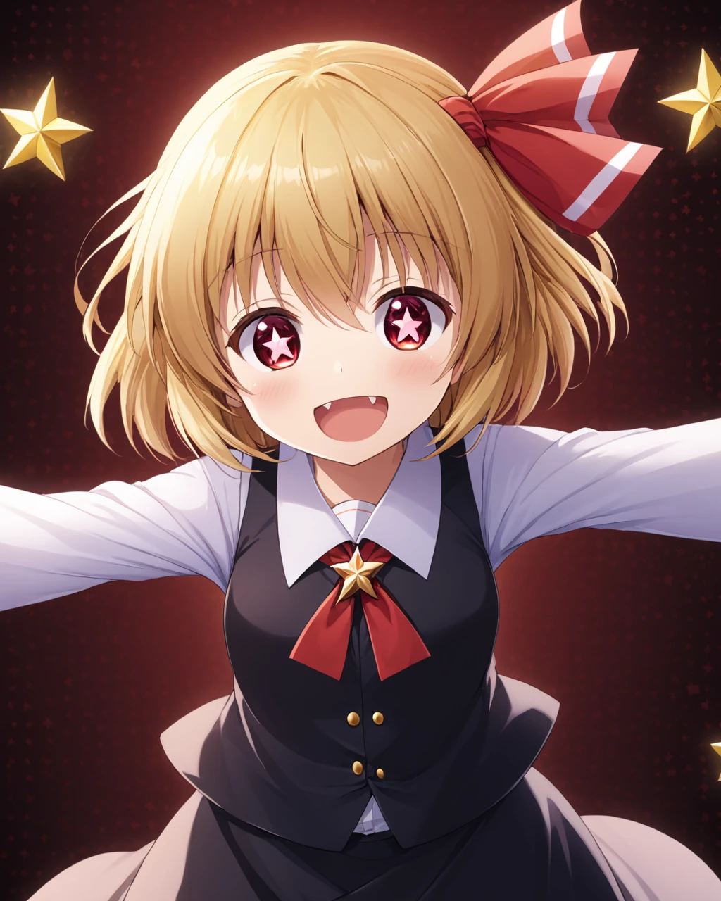 rumia,1girl, solo, hair_ribbon, cross, open_mouth, spread_arms, fangs, smile
<lora:rumia_image9795_2023-12-11-000007:1>,star-shaped_pupils,symbol-shaped_pupils,. gorgeous,key visual, vibrant, studio anime,award-winning, professional, highly detailed,high budget, cinemascope