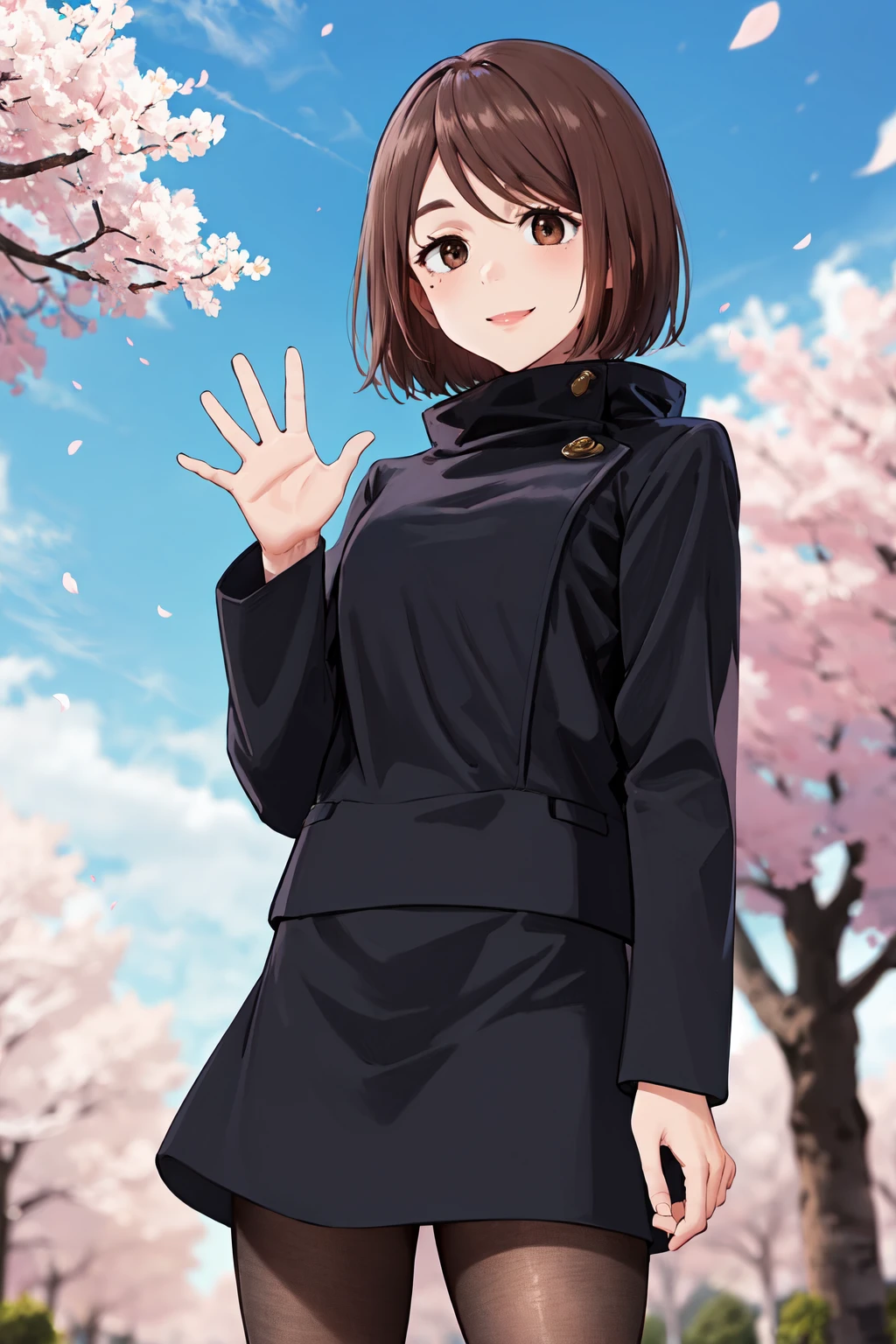 masterpiece,best quality,highres,ultra-detailed,bbshoko,brown eyes,(mole under eye:0.8),short hair,swept bangs,school uniform,high collar,(black jacket:1.4),long sleeves,(black skirt:1.4),(black pantyhose:1.2),loafers,<lora:ieiri_shoko:0.8>,outdoors,cherry blossoms,standing,cowboy shot,smile,waving,