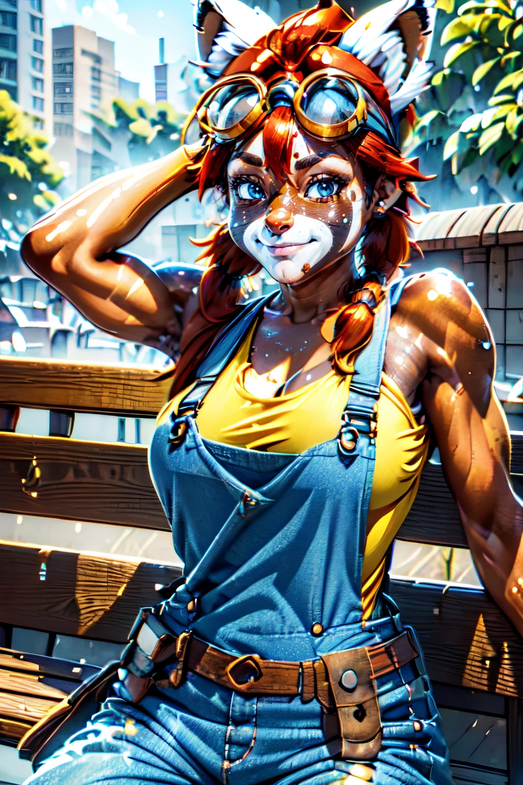 sitting on a bench in the city, <lora:NonaLoRA:1> nona a raccoon with black nose and red hair and tail and goggles on head wearing yellow shirt and blue dungarees and brown belt with bags, beautiful eyes, beautiful girl, high detail skin, high detail eyes, high detail hair, highres, ultra detailed, detailed pores, imperfect skin, detailed reflective shiny skin, diffused skin pores,sharpen picture, Highly detailed, masterpiece, best quality, photorealistic,