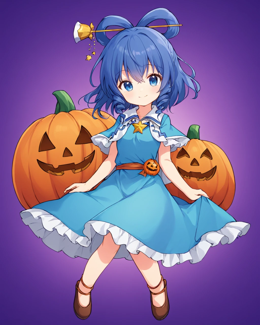 kaku seiga,1girl, solo, hair_rings, smile, star_\(symbol\), halloween, hair_stick, jack-o'-lantern, capelet, looking_to_the_side, closed_mouth, feet_out_of_frame, medium_breasts, blue_dress, gradient, purple_background, looking_at_viewer, silk, gradient_background, cross
<lora:kaku_seiga_image5477_2023-12-20-000009:1>,star-shaped_pupils,symbol-shaped_pupils,. gorgeous,key visual, vibrant, studio anime,award-winning, professional, highly detailed,high budget, cinemascope