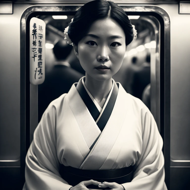 cinematic film still of Kodak Motion Picture Film: (Sharp Detailed Image) An Oscar winning movie for Best Cinematography a woman in a kimono standing on a subway train in Japan Kodak Motion Picture Film Style, shallow depth of field, vignette, highly detailed, high budget, bokeh, cinemascope, moody, epic, gorgeous, film grain, grainy