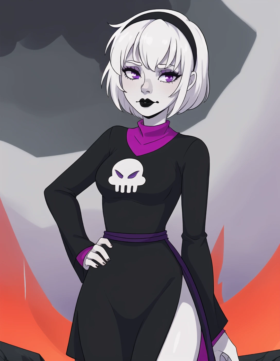 best quality, afterglow, 4k, ((masterpiece)), extremely detailed, 8k, trending on ArtStation, Intricate, High Detail, Sharp focus, rosebsd <lora:rosebsd:1>, symbol on dress, 1girl, solo, short hair, white hair, hairband, dress, (black dress), long sleeves, (layered sleeves), (pale skin), purple eyes, black lips, standing, wide hips