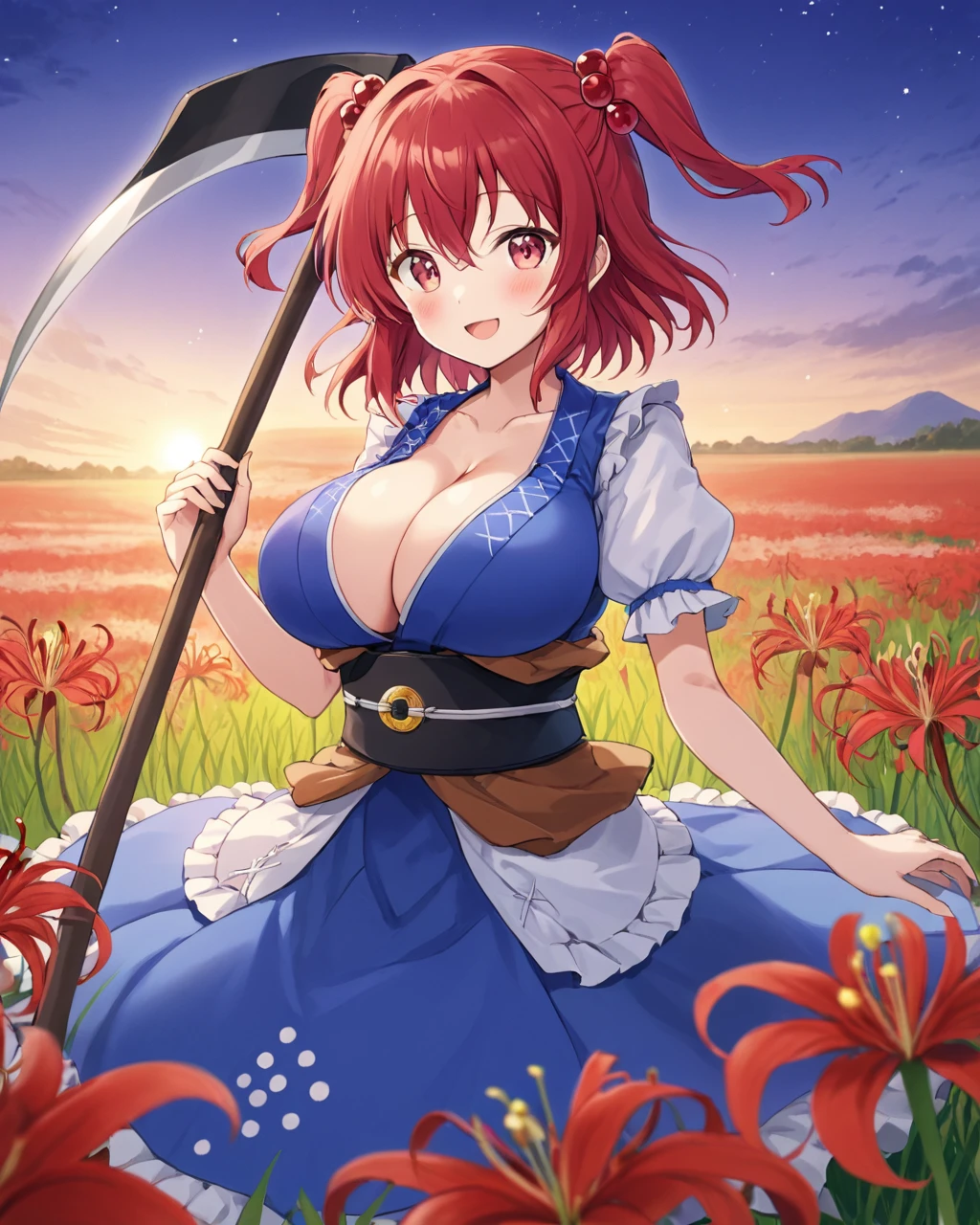 onozuka komachi,1girl, coin, hair_bobbles, cleavage, solo, two_side_up, large_breasts, holding_scythe, open_mouth, looking_at_viewer, obi, flower_field, smile, blue_dress, puffy_short_sleeves, blurry_foreground, spider_lily, frills, blush
<lora:onozuka_komachi_image2870_2023-12-14-000008:1>,star-shaped_pupils,symbol-shaped_pupils,. gorgeous,key visual, vibrant, studio anime,award-winning, professional, highly detailed,high budget, cinemascope