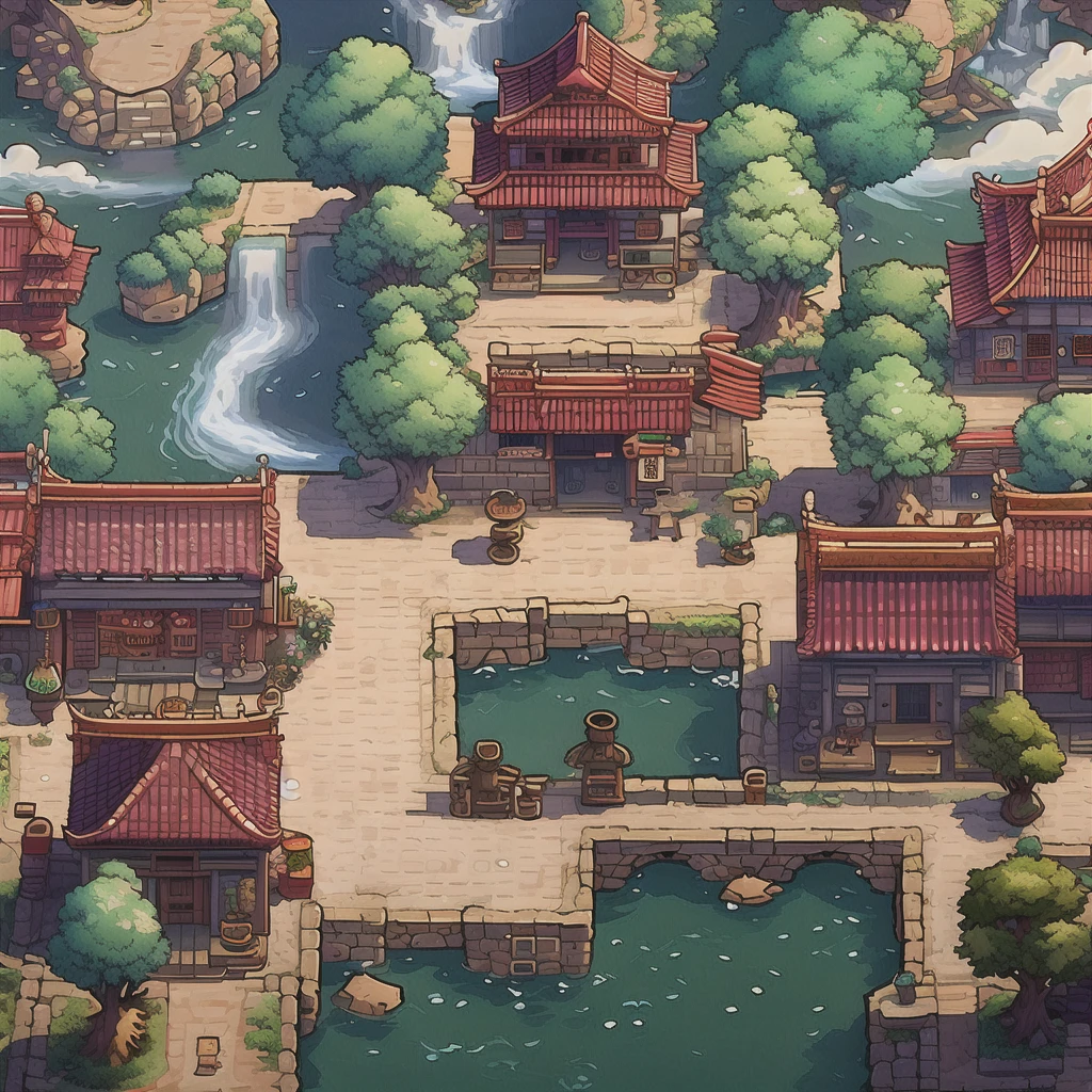 scenery,outdoors,east asian architecture,mountain,chinese town scene,2d game scene,<lora:chinese town:1>,