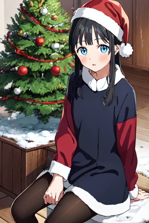 <lora:KomichiAkemiR4:0.7>,KomichiAkemiR4, blue eyes, black hair, 1girl, santa dress, santa hat, pantyhose, christmas tree, snow