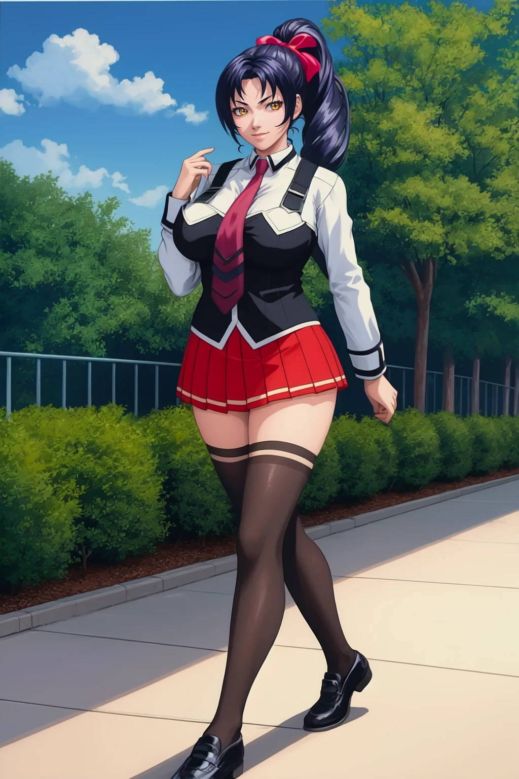 (high quality:1.2), intricate detailed, digital art,
KozonoNami, 1girl, solo, walking, full body,
looking at viewer, smile,
yellow eyes, long hair, black hair, ponytail, hair bow,
(school uniform:1.2), white shirt, (vest, suspenders:1.2), miniskirt, red necktie, black thighhighs, shoes,
curvy, large breasts,
outdoors, garden, school, sky, day, sunlight, complex background, absurdres,
<lora:KozonoNami:0.9>