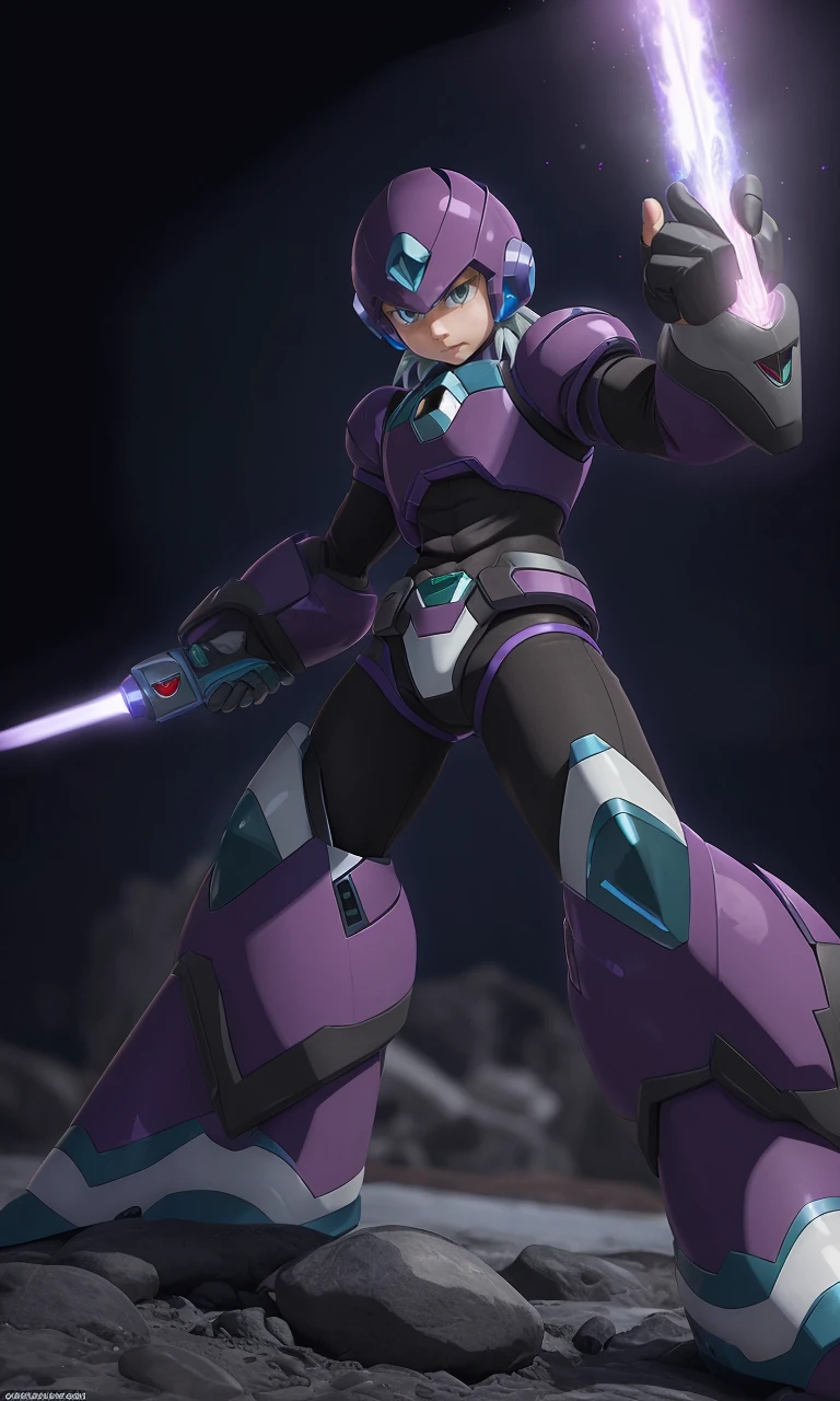 mgmgrv2023, 1boy, best quality, masterpiece, 5 fingers, depth of field, intricate, arm cannon, photorealistic, purple armor, green accents, energy sword, powerful, megaman,