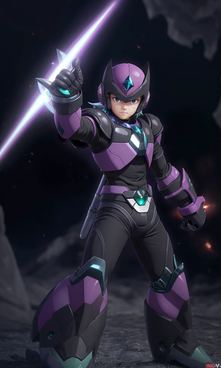 mgmgrv2023, 1boy, best quality, masterpiece, 5 fingers, depth of field, full body, 5 fingers, intricate, arm cannon, photorealistic, purple armor, green accents, energy sword,