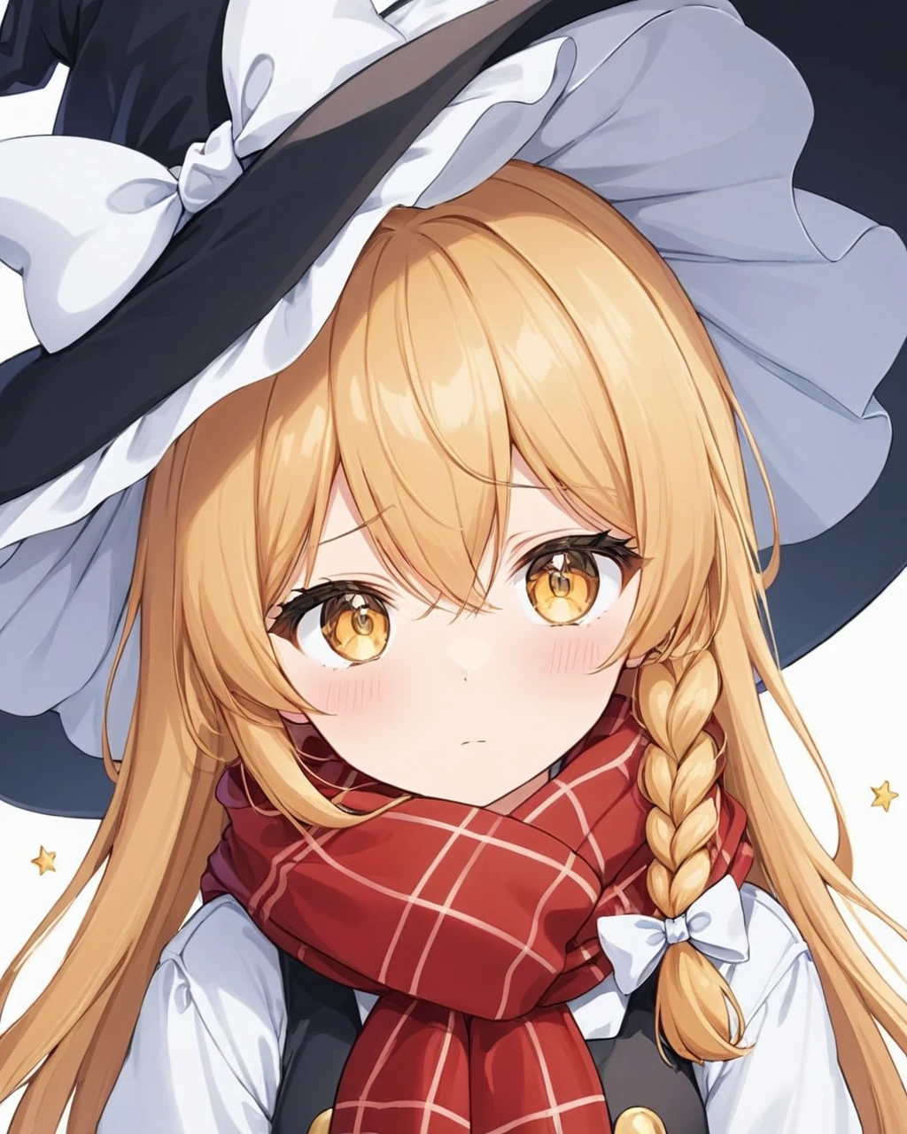 kirisame marisa,1girl, solo, witch_hat, black_headwear, upper_body, blush, looking_at_viewer, white_shirt, long_sleeves, white_bow, closed_mouth, plaid_scarf, black_vest, white_background, red_scarf, simple_background, single_braid, hat_bow, grey_background
<lora:kirisame_marisa_image6213_2023-12-11-000007:1>,star-shaped_pupils,symbol-shaped_pupils,. gorgeous,key visual, vibrant, studio anime,award-winning, professional, highly detailed,high budget, cinemascope