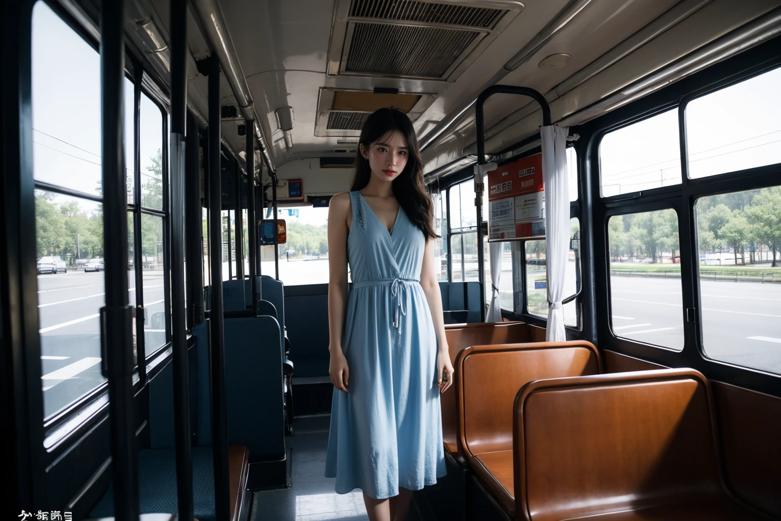 cinematic photo indoors,<lora:bus interior_v1:0.3>,ruanyi047,bus interior,1girl,solo,standing,blue dress, . 35mm photograph, film, bokeh, professional, 4k, highly detailed, (masterpiece:1.2), best quality, highres,extremely detailed CG,perfect lighting,8k wallpaper,photograph, photorealistic,