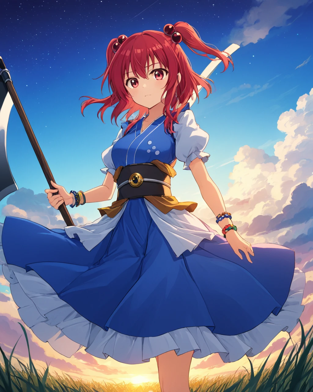 onozuka komachi,1girl, solo, hair_bobbles, scythe, two_side_up, hitodama, skull, sash, bracelet, cloud, short_sleeves, puffy_sleeves, sky, dress
<lora:onozuka_komachi_image2870_2023-12-14-000008:1>,star-shaped_pupils,symbol-shaped_pupils,. gorgeous,key visual, vibrant, studio anime,award-winning, professional, highly detailed,high budget, cinemascope
