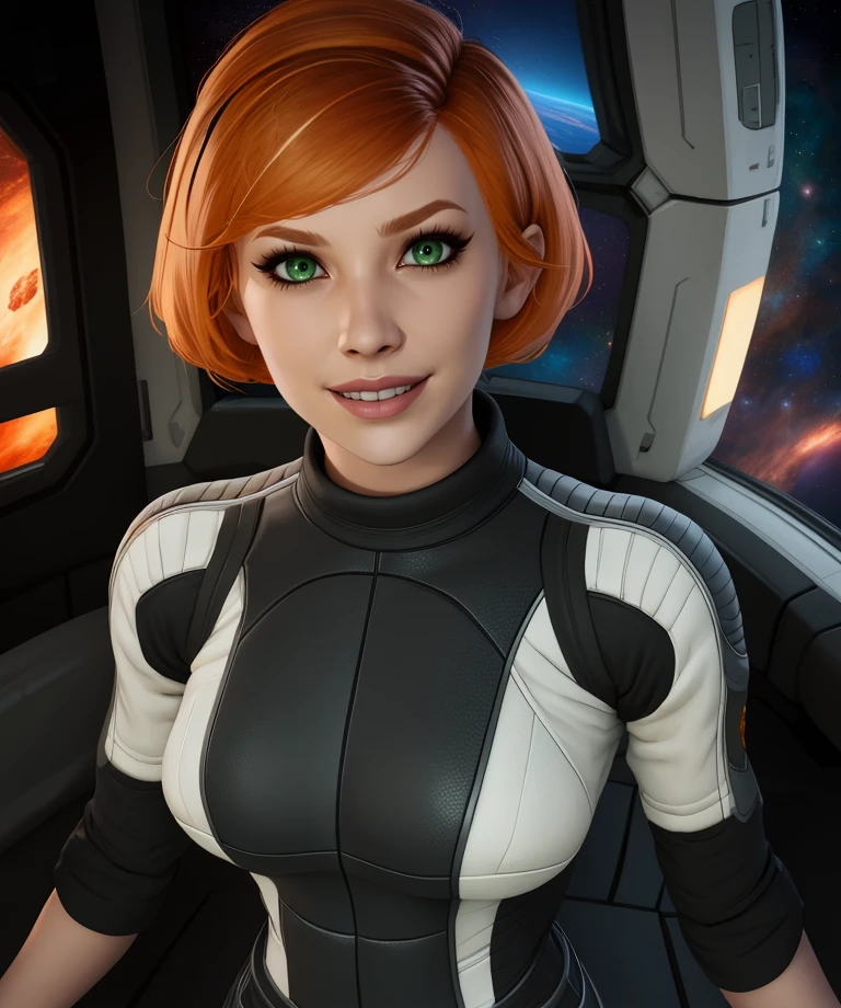 kelly,short hair,orange hair,green eyes,
white and black bodysuit,short hair,smile,
standing,upper body,
space ship,indoors,
(insanely detailed, beautiful detailed face,beautiful detailed eyes, masterpiece, best quality),<lora:kellychambers-10MER:0.8>,