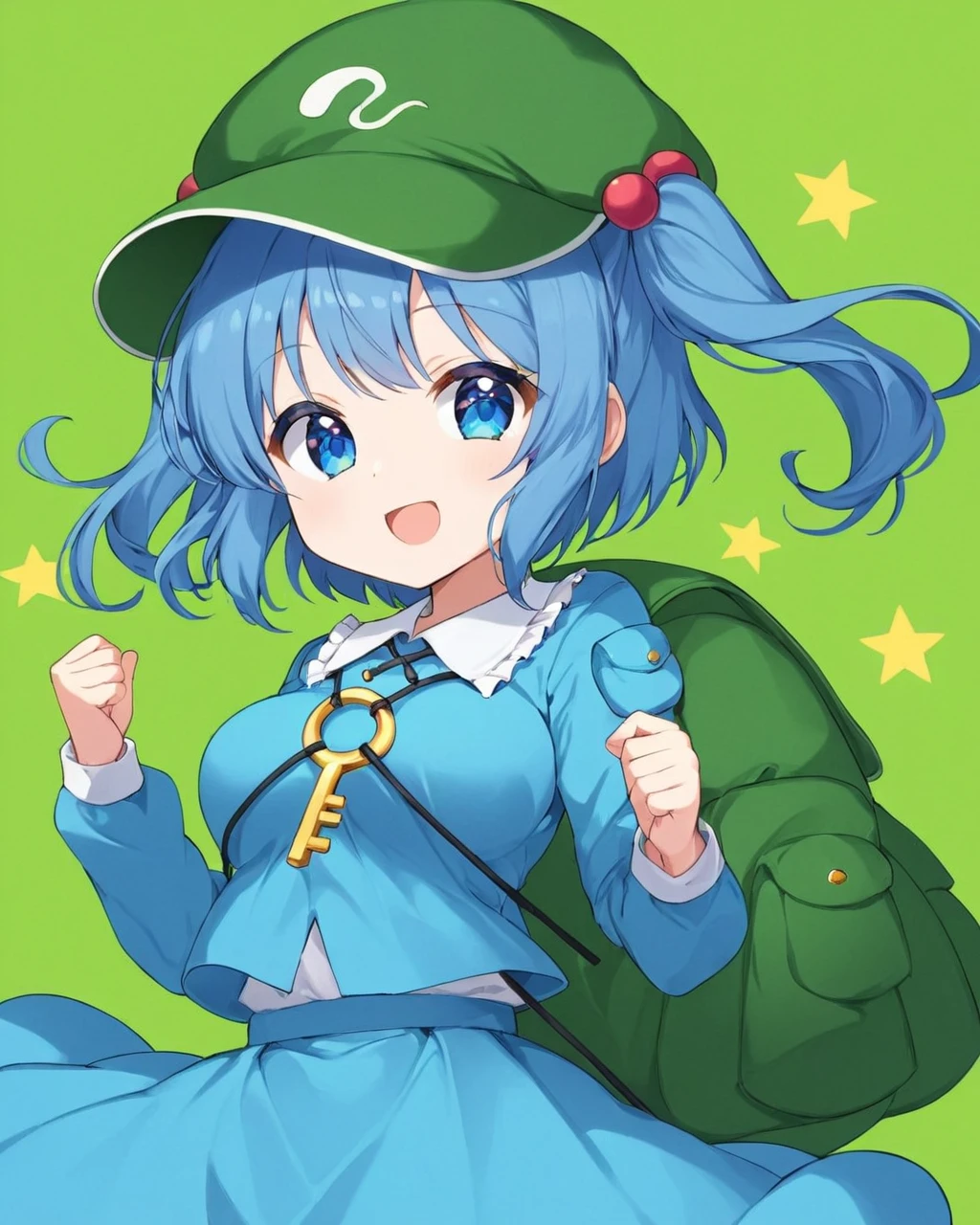 kawashiro nitori,1girl, solo, hair_bobbles, green_headwear, backpack, flat_cap, open_mouth, key, long_sleeves, two_side_up, blue_skirt, looking_at_viewer, green_bag, blue_shirt, breasts, :d, frilled_shirt_collar, twintails, upper_body, green_background, teeth, simple_background
<lora:kawashiro_nitori_image4714_2023-12-17:1>,star-shaped_pupils,symbol-shaped_pupils,. gorgeous,key visual, vibrant, studio anime,award-winning, professional, highly detailed,high budget, cinemascope