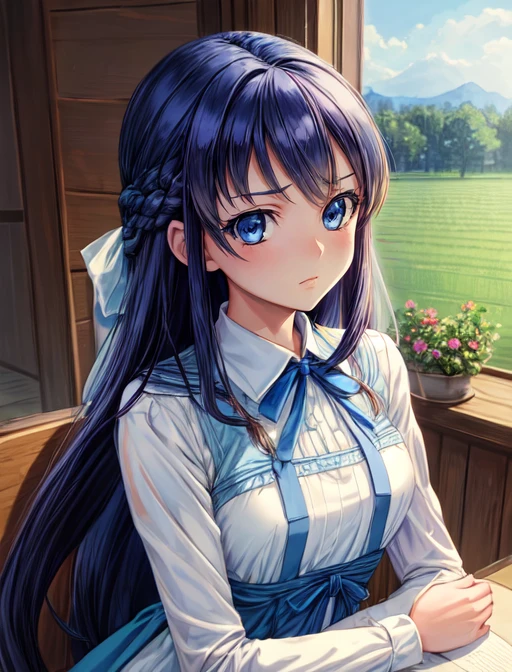 best quality, masterpiece, highres, detailed, digital illustration, <lora:Tools - add_detail:0.2>, RikaHishikawa, blue eyes, blue hair, long hair, <lora:Character - RikaHishikawa:0.8>, white sleeves, blue dress, ribbon, long sleeves, jealous, farm , upper body , jojo pose,