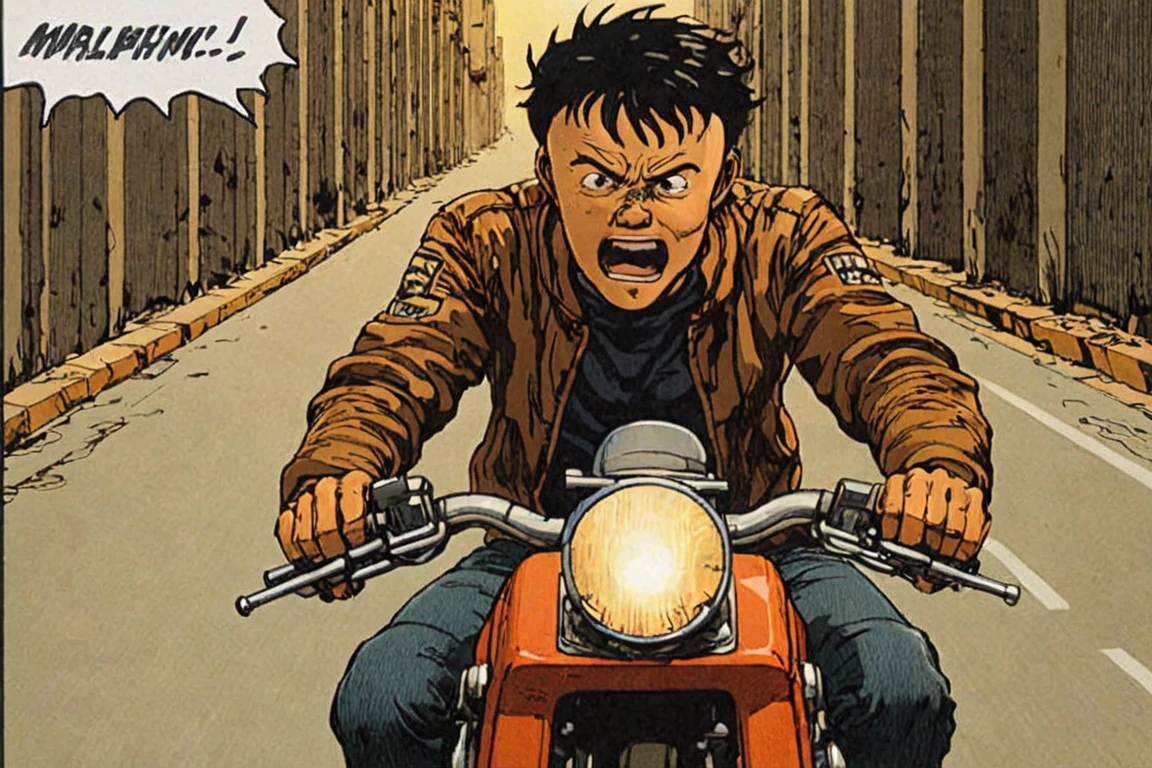 Comic panel illustration of a man on a motorcycle , akira style <lora:Akira_Style_XL>