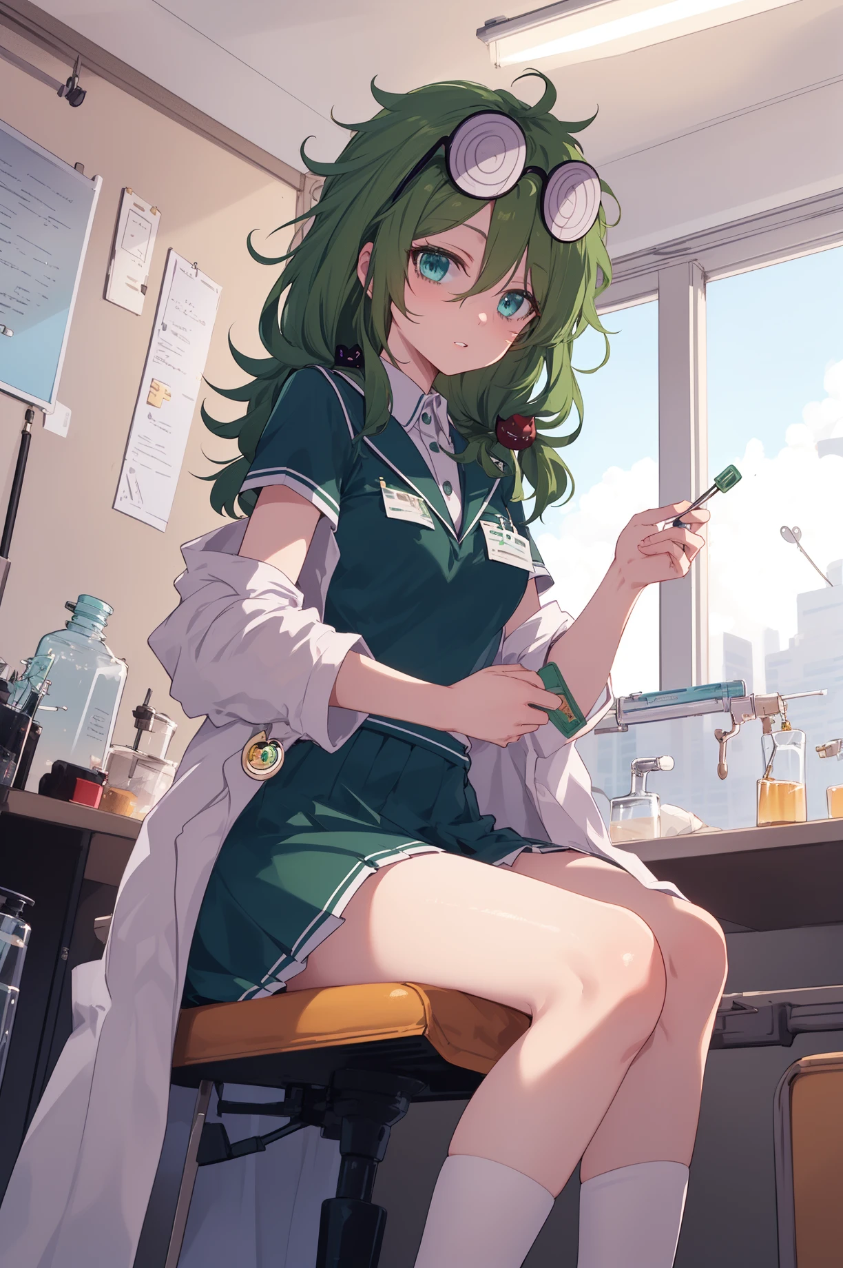 (masterpiece, best quality, high detailed, 8k uhd:1.2), <lora:YssringV1-08:0.8>, yssring gkn, 1girl, solo, slender,(medium breasts), (parted lips:1.2), (green hair, cat hair ornament), (lab coat, serafuku, minikirt:1.4), (green shirt, green skirt, coke-bottle glasses, eyewear on head:1.2), (cowboy shot, looking at viewer:1.2), sitting on chair, indoors, laboratory
