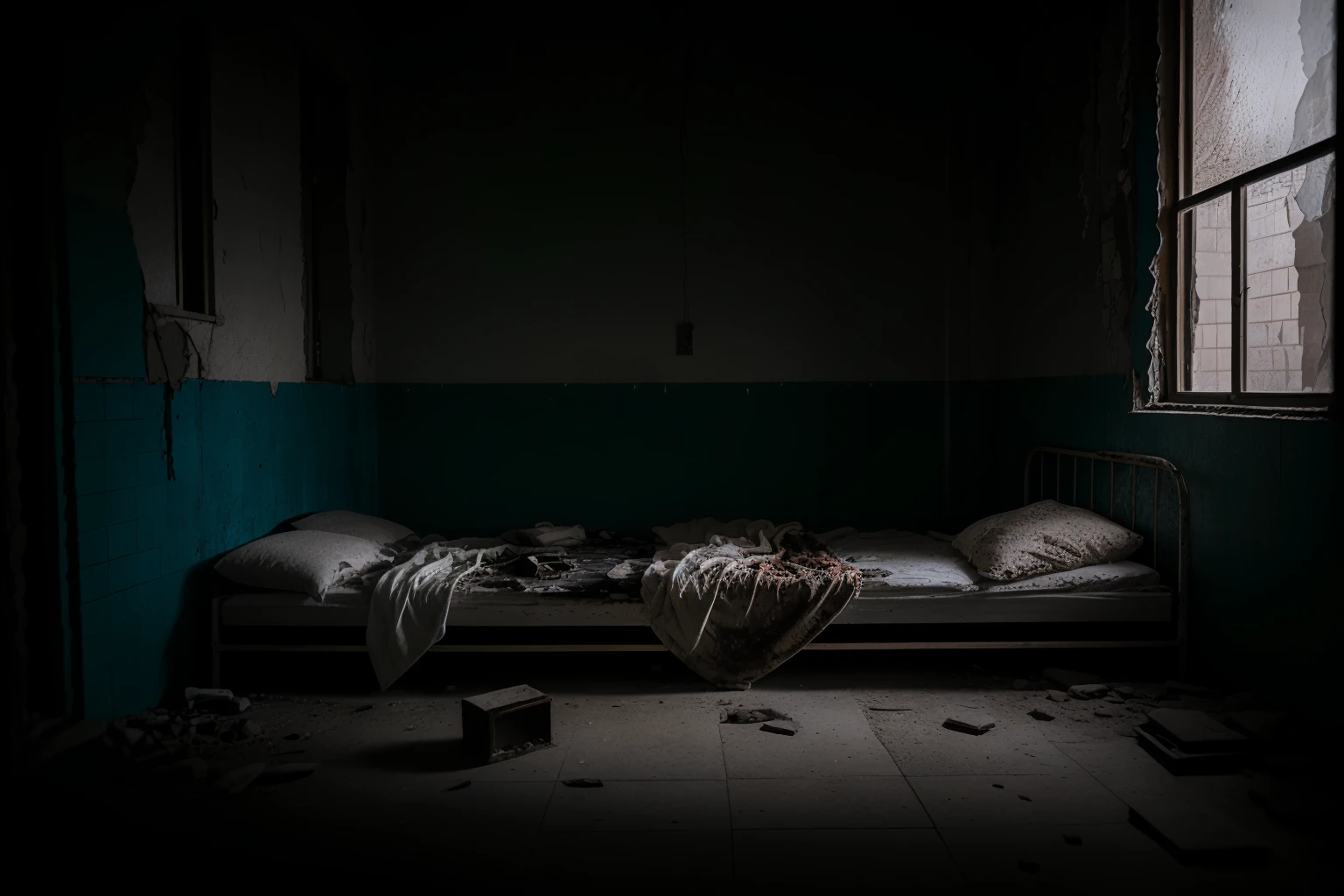 no humans,indoors,<lora:nighttime_v1:1.2>,<lora:detail_slider_v4:3>,<lora:abandoned hospital_v1:0.5>,(red-panic-button-positive:1.2),night,dark,moonlight,ruanyi060,tile floor,tile wall,((white_tile wall)),((rusty bed)),broken walls,((no lights)),, best quality,masterpiece,high quality,real,realistic,super detailed,full detail,8K,