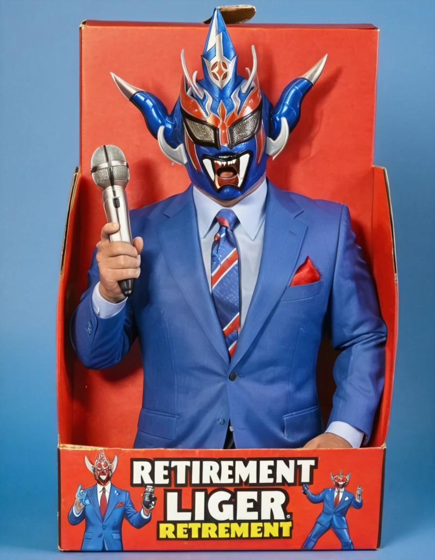 Astral Aura,  1987 Action Figure Playset Packaging - a masked man with a red mask wearing a blue suit and tie holding a microphone , text "RETIREMENT LIGER" printed on box, <lora:Jushin_Thunder_Liger:.82>  <lora:1987 Action Figure Playset Packaging:1> , astral, colorful aura, vibrant energy