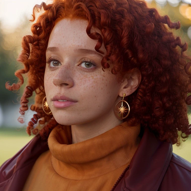 <lora:ernkl-23:1> ernlk, red hair,curly hair,close-up,turtleneck,earrings,sweater,masterpiece,8k,uhd,soft lighting ,golden hour, bokeh,dof