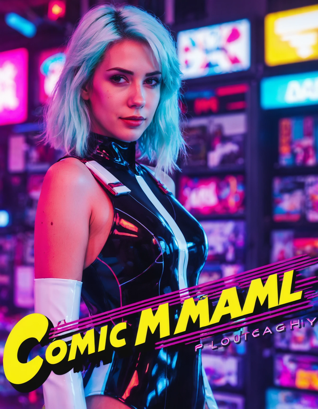 cinematic photo Tilt-Shift Photography, comic book cover with (((ohwx woman))) ,anime style, key visual, vibrant, studio anime, highly detailed, Hotline Miami style, neon, <lora:alanah_dh128_sdxxxl_v1-step00008000:1> . 35mm photograph, film, bokeh, professional, 4k, highly detailed