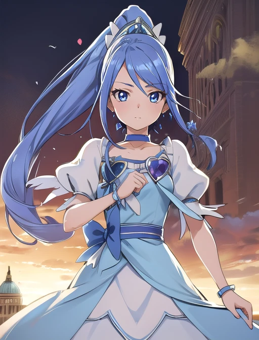 best quality, masterpiece, highres, detailed, digital illustration, <lora:Tools - add_detail:0.2>, CureDiamond, blue hair, headdress, ponytail, blue eyes, long hair, heart brooch, puffy sleeves, blue dress, <lora:Character - CureDiamond:0.8>,confident, capitol building