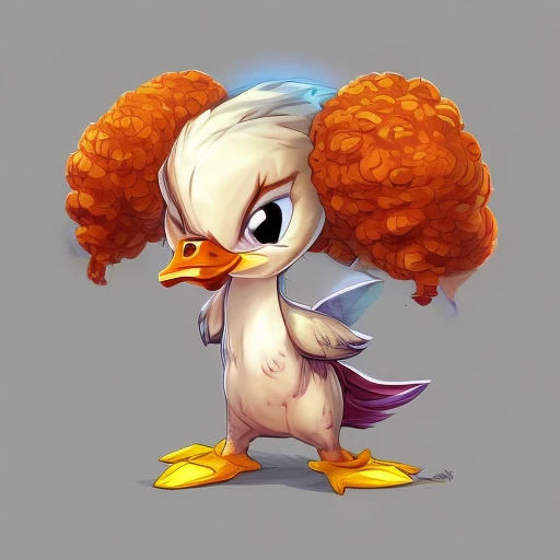 Evang, a cute cartoon duck with am Afro and large eyes, 2D, Concept Art, Digital Art, trending on Artstation, Detailed and Intricate