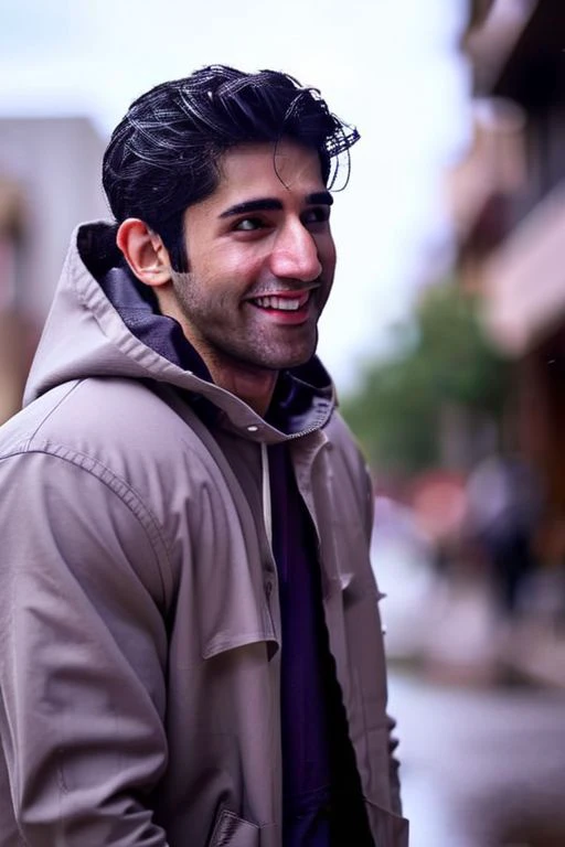 Gilles Marini a man <lora:varun-sood_Gilles-Marini:1>, wearing a rain coat, crop top, city street, bokeh, homoerotic, rainy day,