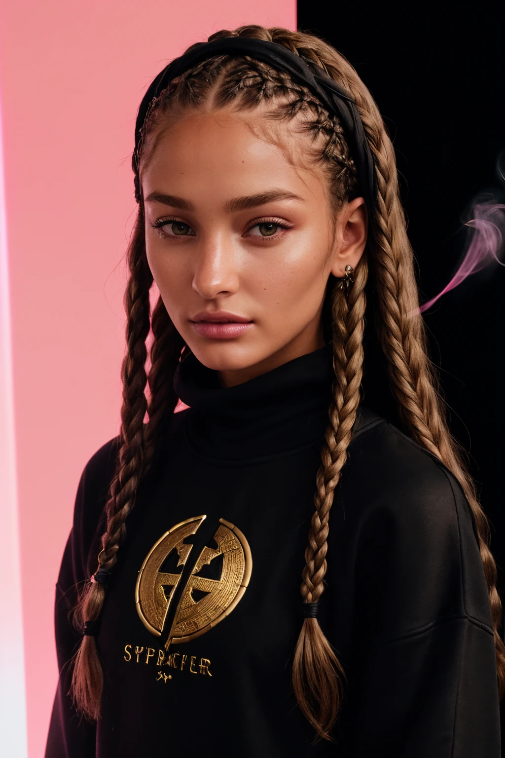 DV_Curly_Vicious with (blonde corn rows:1.4) ((Black Theme, Black backdrop:1.4)) (Close-Up Shot, headshot:1.4) wearing (Black sweatshirt :1.4) 35mm, F/2.8 ((Photo Focus, DOF, Aperture, insanely detailed and intricate, character, hypermaximalist, elegant, ornate, beautiful, exotic, revealing, appealing, attractive, amative, hyper realistic, super detailed, heresy flares))(volumetric pink smoke:1.3) (pink lens flare:1.2)(sharpness:1.3)(details:1.3)
