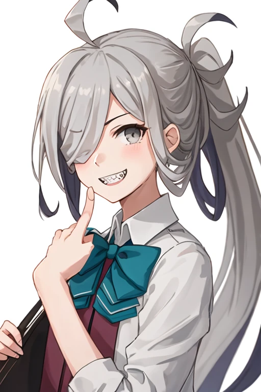 best quality, masterpiece, highres, solo, {asashimo_kantaicollection:1.15}, hair_over_one_eye, long_hair, grey_hair, ahoge, ponytail, grey_eyes, smile, bow, teeth, bowtie, sharp_teeth, 1girl, grin, looking_at_viewer, one-hour_drawing_challenge, school_uniform, shirt, simple_background, twitter_username, white_background, white_shirt, halterneck, upper_body