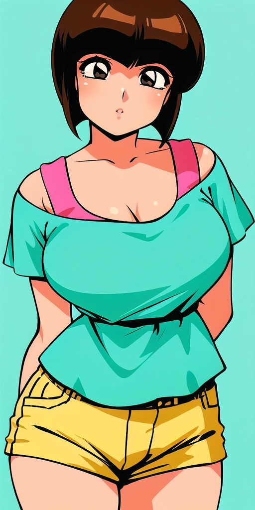<lora:TendouNabikiV2:0.9> tendounabiki, huge_breasts, standing, solo, Aqua_shirt_Pink_undershirt_Short_shorts, masterpiece, best quality, detailed face, detailed eyes, highres,