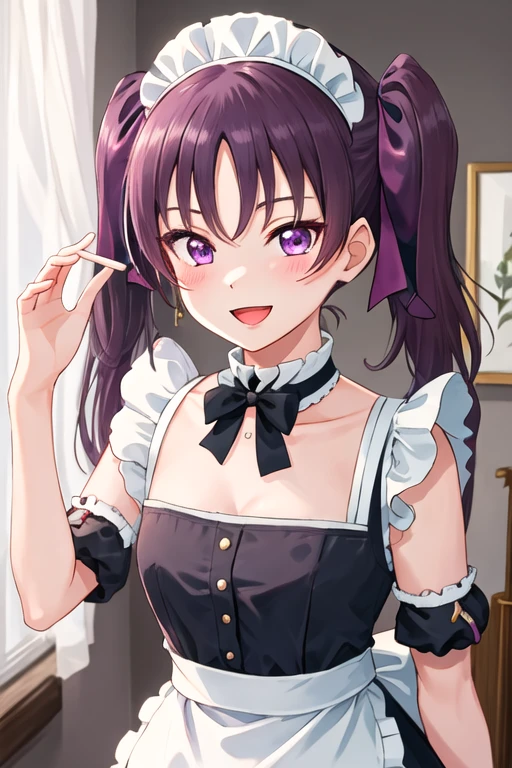 best quality, masterpiece, highres, solo, {kazuno_leah_lovelivesunshine:1.15}, purple_hair, purple_eyes, twintails, bangs, blush, smile, hair_ribbon, 1girl, maid_headdress, upper_body, looking_at_viewer, :d, apron, open_mouth, wa_maid, maid