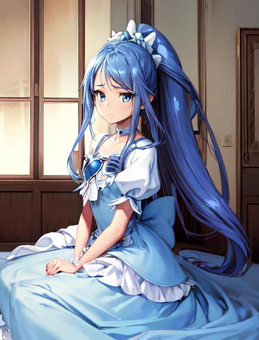 best quality, masterpiece, highres, detailed, digital illustration, <lora:Tools - add_detail:0.2>, CureDiamond, blue hair, headdress, ponytail, blue eyes, long hair, heart brooch, puffy sleeves, blue dress, <lora:Character - CureDiamond:0.8>,:|, bedroom