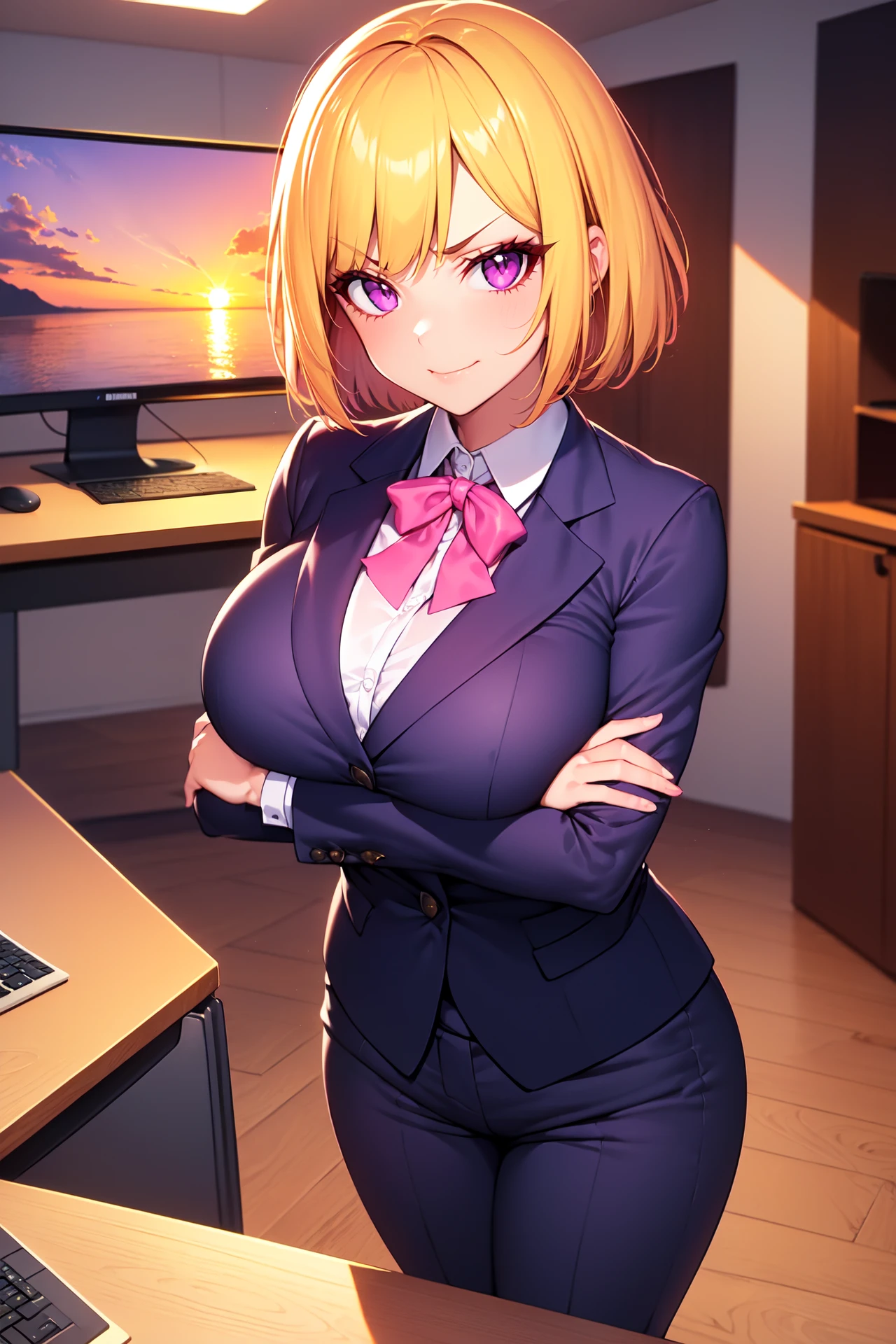 (masterpiece, best quality), indoors, office, computer, desk, sunset, 1girl, solo, ClessGretchen, short hair, blonde hair, purple eyes, large breasts, <lora:ClessGretchen_V1-Manityo-AdamW:1.0>, looking at viewer, smug, pink ribbon, business suit, suit pants, crossed arms,