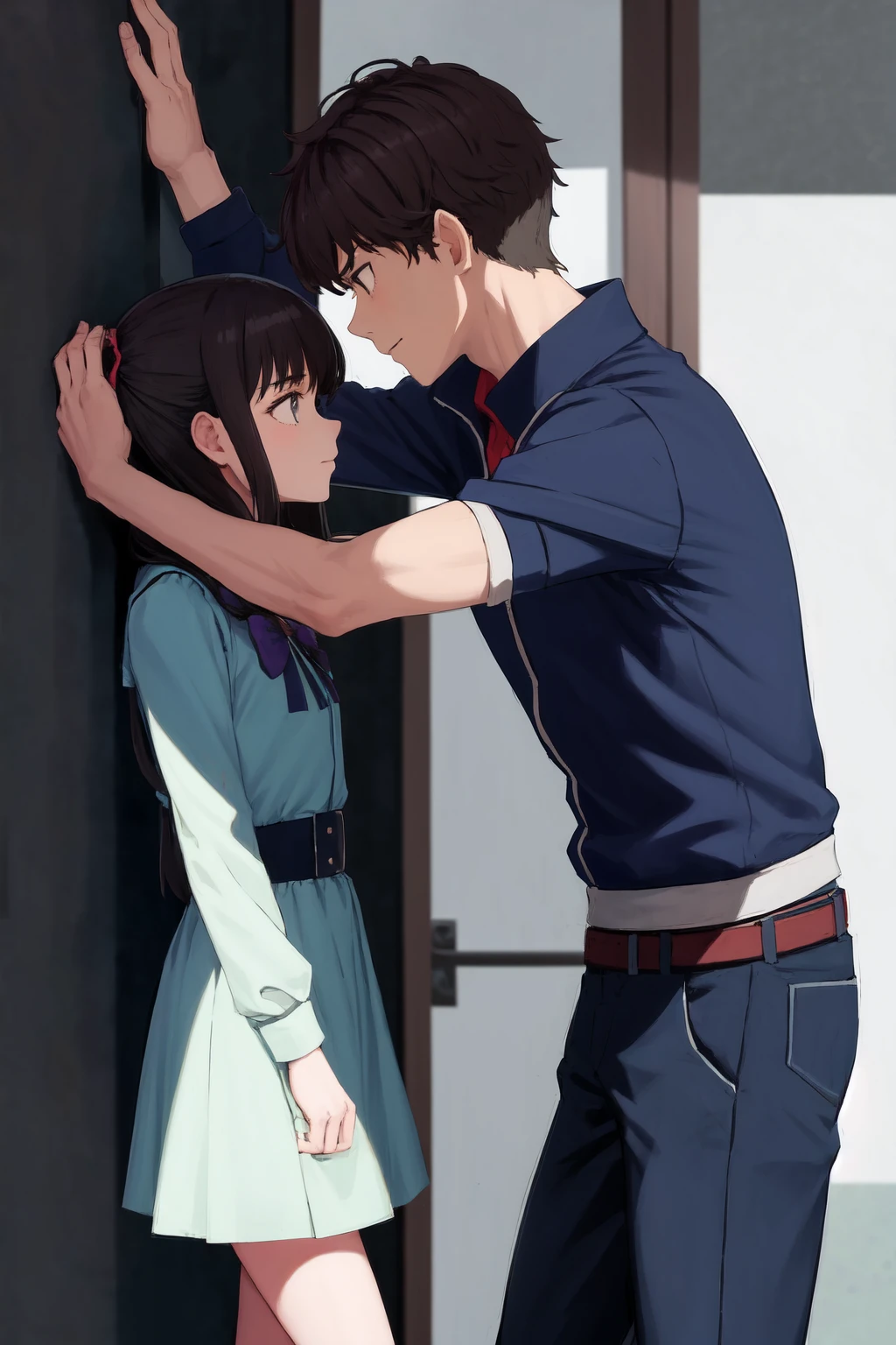 masterpiece, best quality, highres, 1girl 1boy kabedon against wall <lora:kabedon_from_side_retry:1> doorway