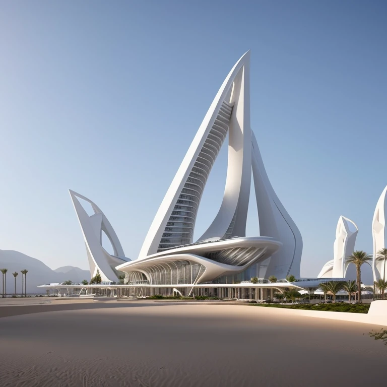 Architectural style Envision a Zaha Hadid skyscraper rising majestically in the desert, creating a surreal architectural marvel. The image should showcase the unique design elements that define Zaha Hadid's signature style. . Clean lines, geometric shapes, minimalist, modern, architectural drawing, highly detailed