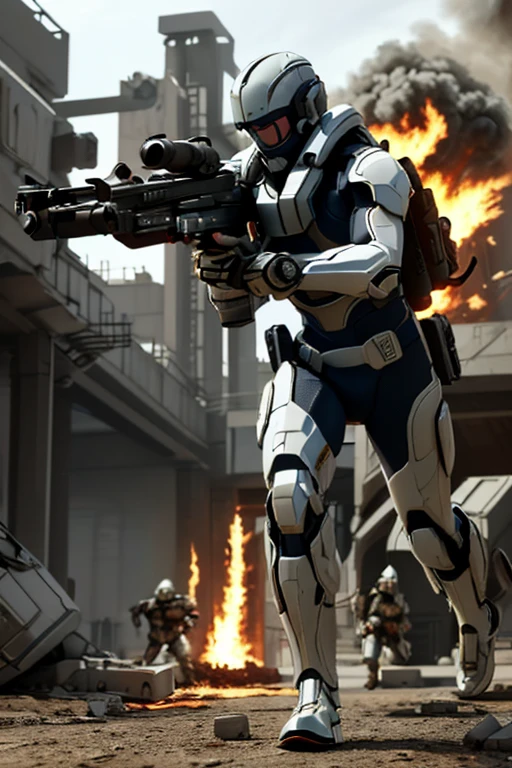 sci-fi, battlefield , fire,((realistic)), soldiers, fighting, shooting, running with laser rifle