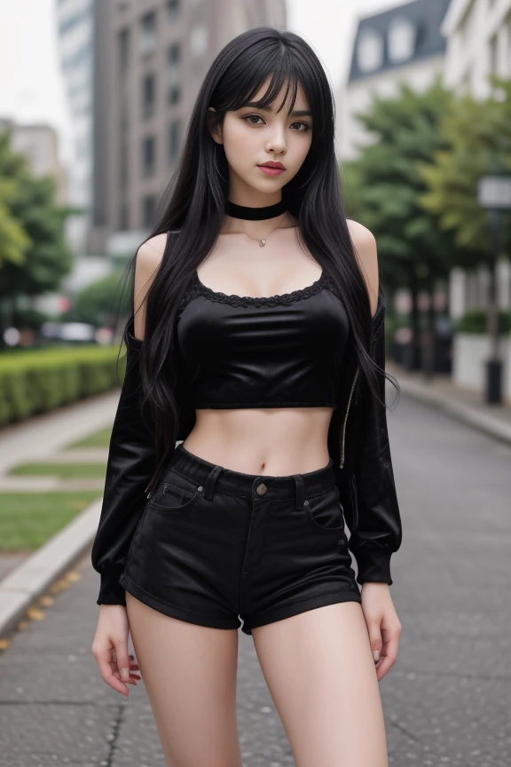 1woman, black hair, center parted long hair, realistic, masterpiece, high detailed skin, wearing random dress, looking at viewer, outdoor view, solo, full body shot
<lora:Velvet_Jacket_Shorts_By_Stable_Yogi:0.8> black velvet shorts, black velvet crop top, black velvet jacket