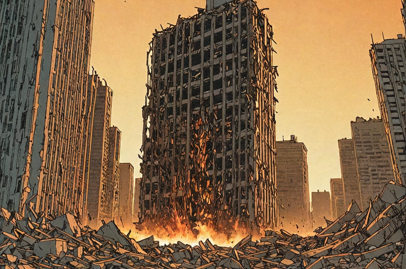 Comic panel illustration of a destroyed skyscraper building, akira style <lora:Akira_Style_XL>