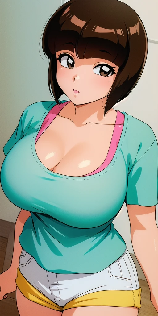 <lora:TendouNabikiV2:0.7> tendounabiki, huge_breasts, standing, solo, Aqua_shirt_Pink_undershirt_Short_shorts, masterpiece, best quality, detailed face, detailed eyes, highres,
