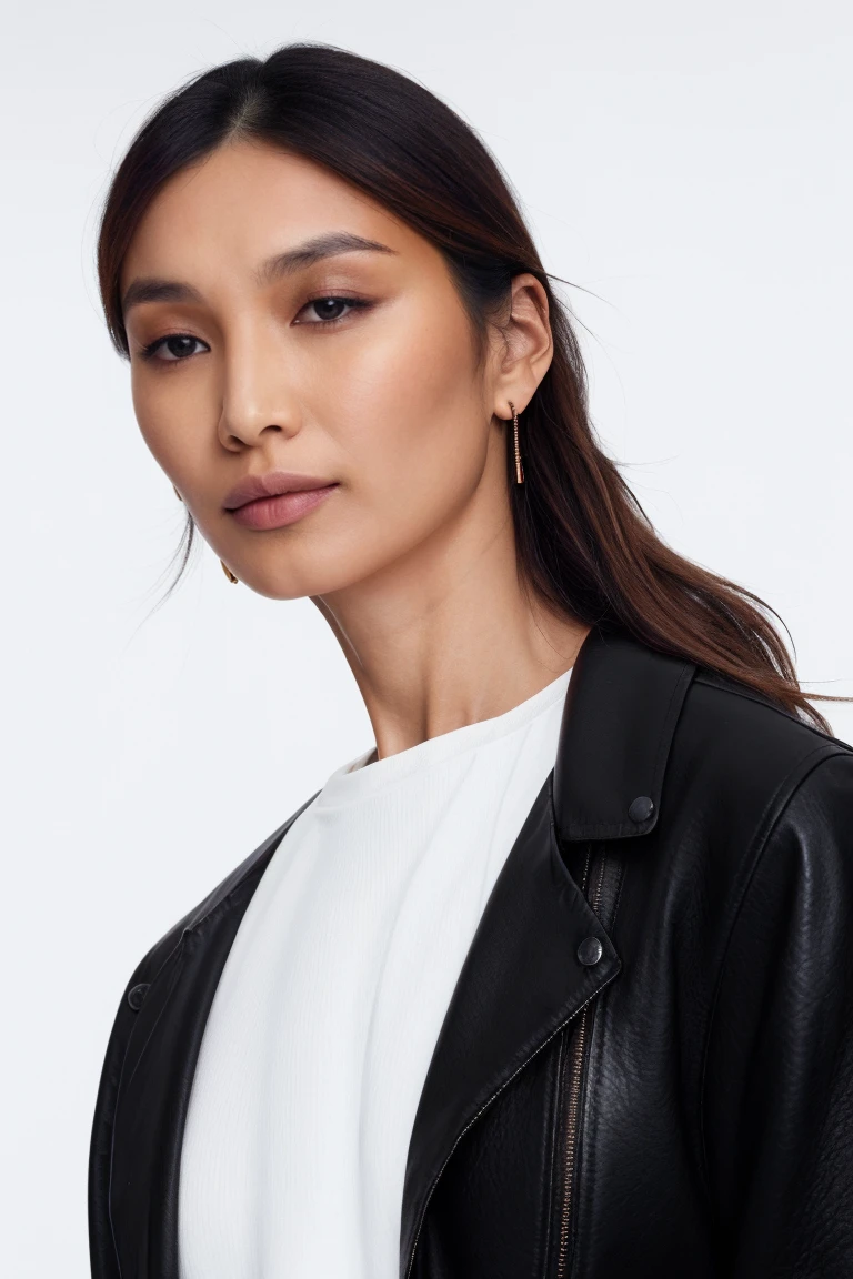 headshot, woman in a black leather jacket and white tee, soft colors, masterpiece, high quality, (high detailed skin:1.1)
<lora:gemma_chan_lora_v01:1> gchan