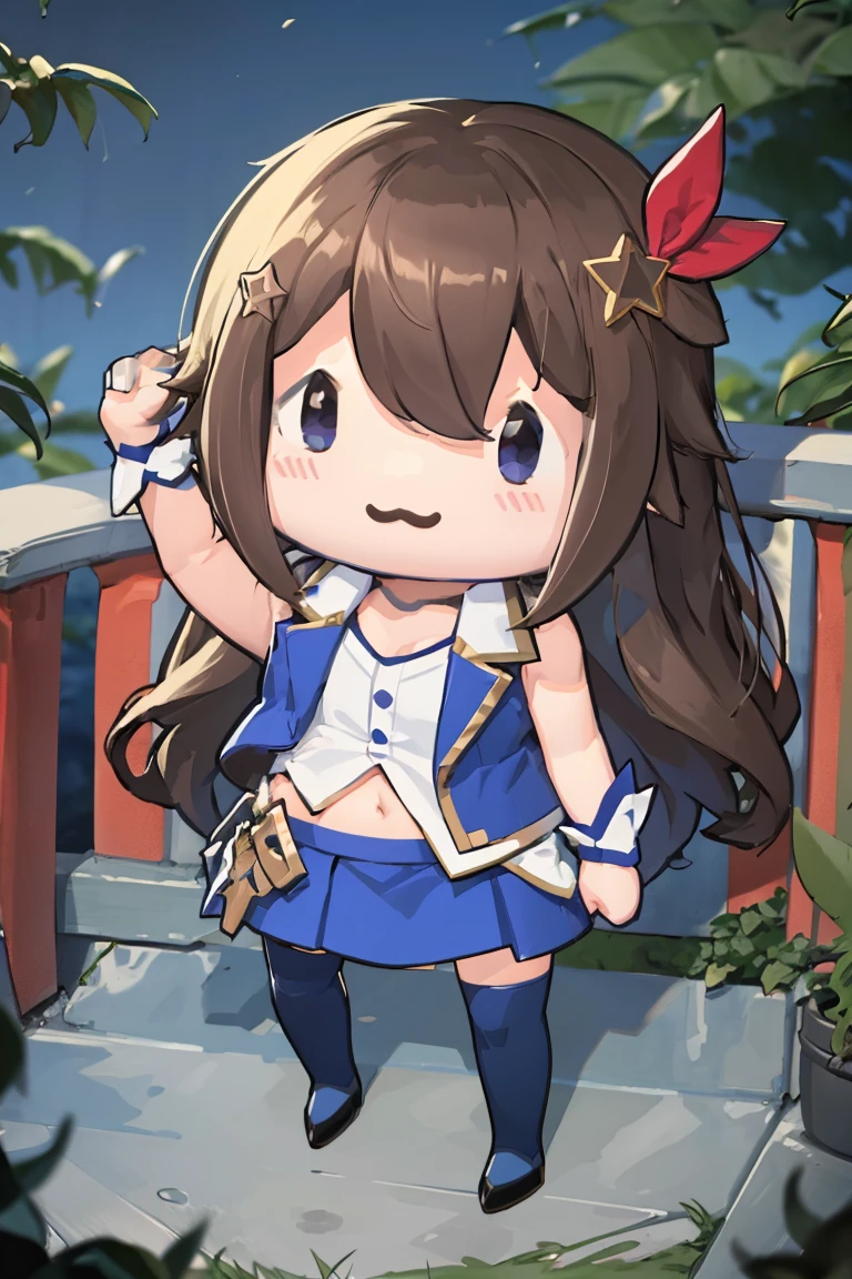 masterpiece, best quality, absurdres, ((chibi)), SoraBase, long hair, star hair ornament, hair ribbon, blue vest, sleeveless shirt, red ribbon, navel, wrist cuffs, blue skirt, blue thighhighs, thigh ribbon, waist cape, :3, smile, <lora:TokinoSora:0.8>, <lora:style_walfie:1.1>