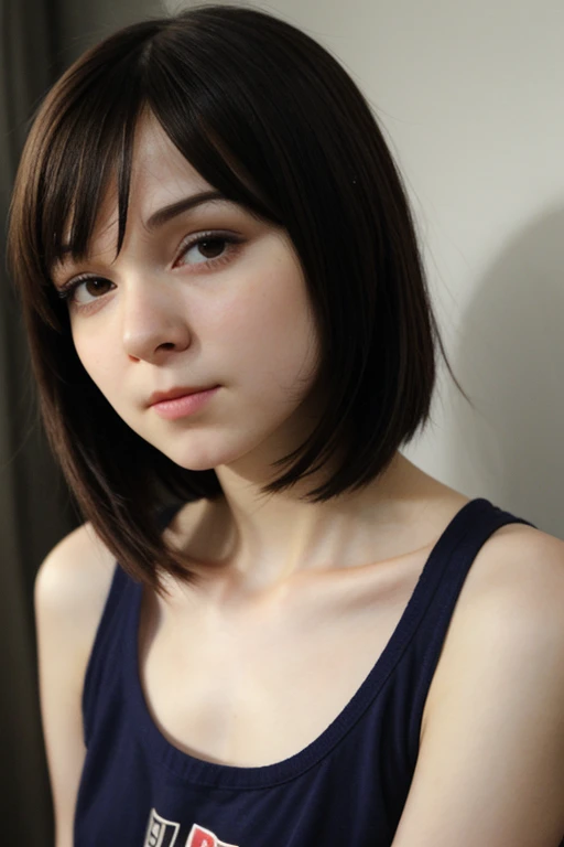 Emily Kolburn, actress, aged 18 years old, short hair, cleavage, large breasts, very thin torn baggy old t-shirt & panties, old t-shirt cut off just below nipples, showing bottom part of breast, realistic image, real person image, full body shot, full colour photo image,