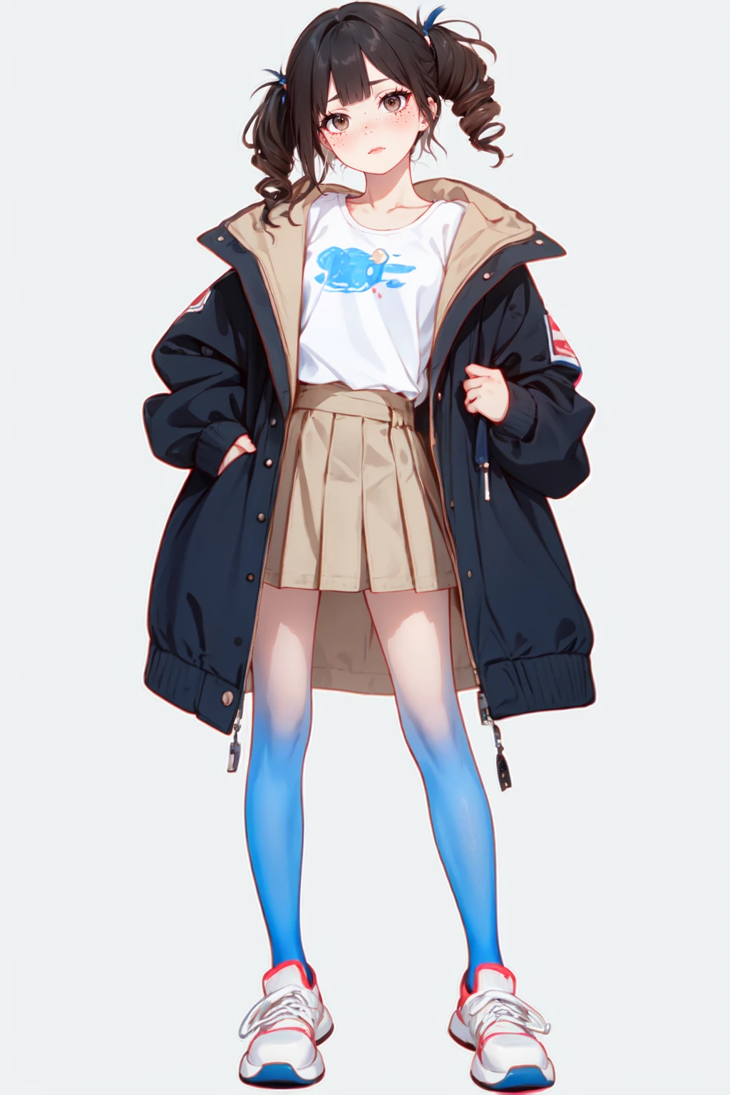 (masterpiece, best quality, absurdres, 8k:1.2),best lighting,simple_background,gray_background,
1girl,solo,full_body,standing,dynamic pose,dark_curly_hair,disgust,EGirlMakeup,eyeliner,eyelashes,freckles,
earrings,oversized_jacket,pleated_miniskirt,long_legs,two-tone legwear,blue_pantyhose,sneakers,<lora:gradient_v1.0:1:1:lbw=StocTest>,<lora:eGirlMakeup-10:1:1:lbw=LyCOFACE>,