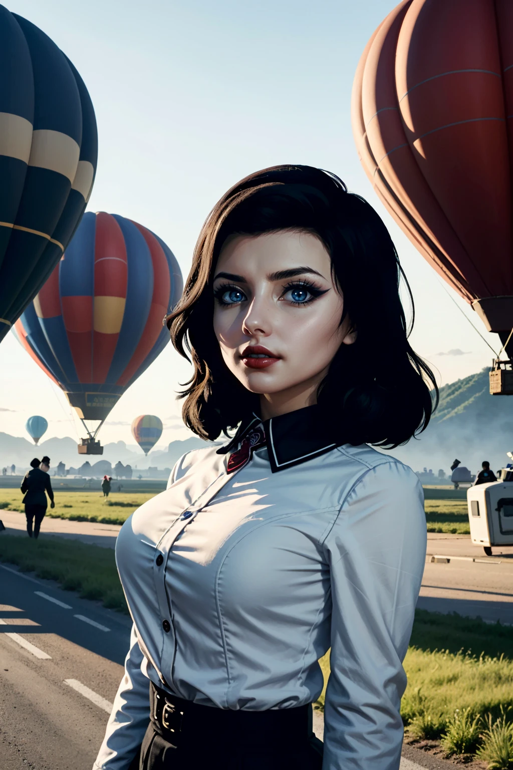 ((ultra detailed, masterpiece, best quality))
<lora:BioshockBurialElizabeth:0.9>
BioshockBurialElizabeth, 1girl, solo, black hair, blue eyes, red lipstick, surrounded by vibrant hot air balloons in a serene early morning sky, dressed in retro aviator attire
